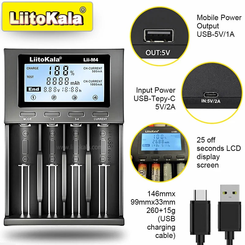 LiitoKala for 18650/26650/AA/AAA Li-ion/Ni-MH LCD Display Safe Fast Charging Lii-M4/M4S 4-Slot Smart Charger