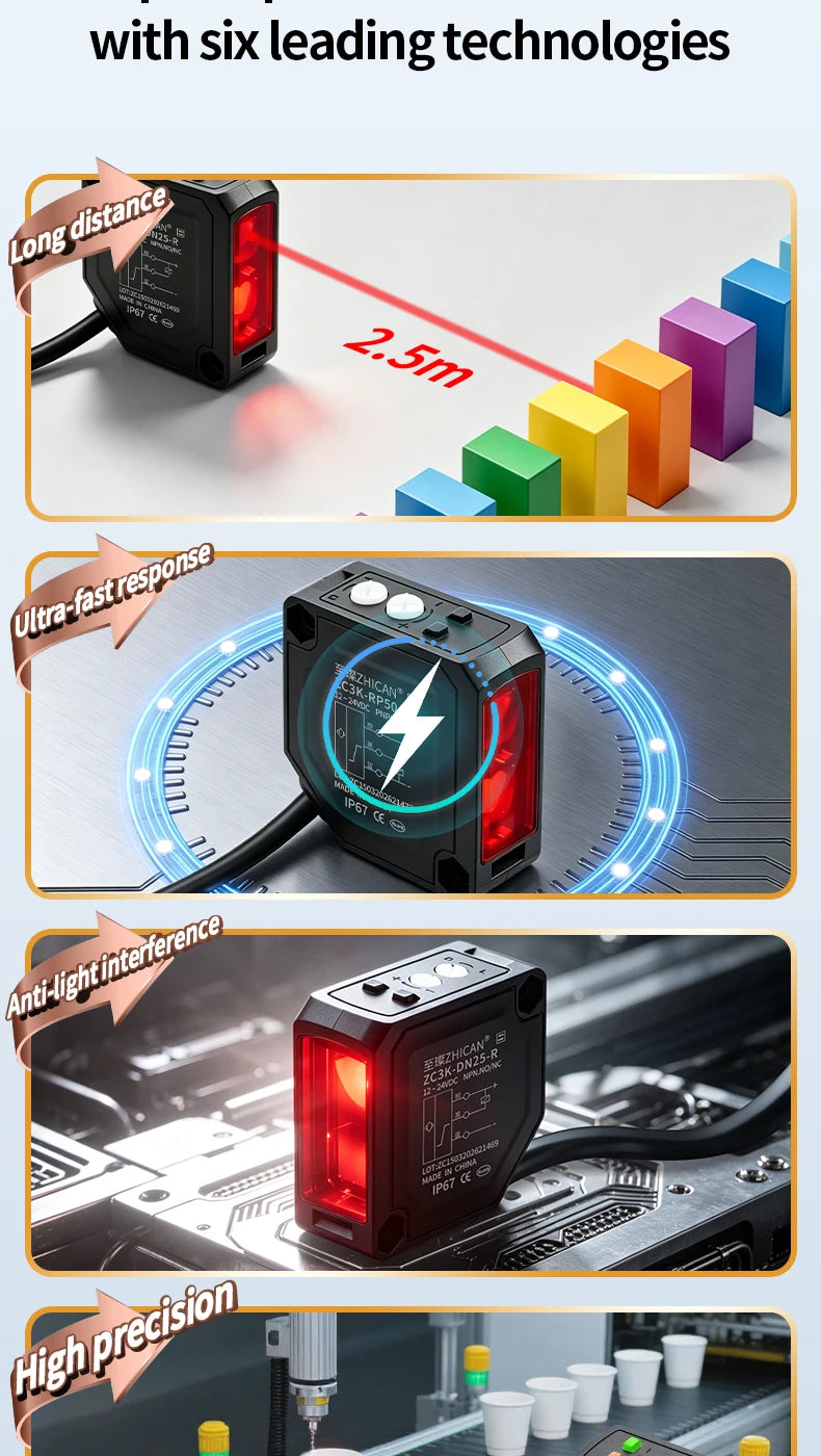 Zhican Zc3K Long Range Photoelectric Sensor 0.1-30m through Beam Retro Reflective Diffuse Reflective Switch