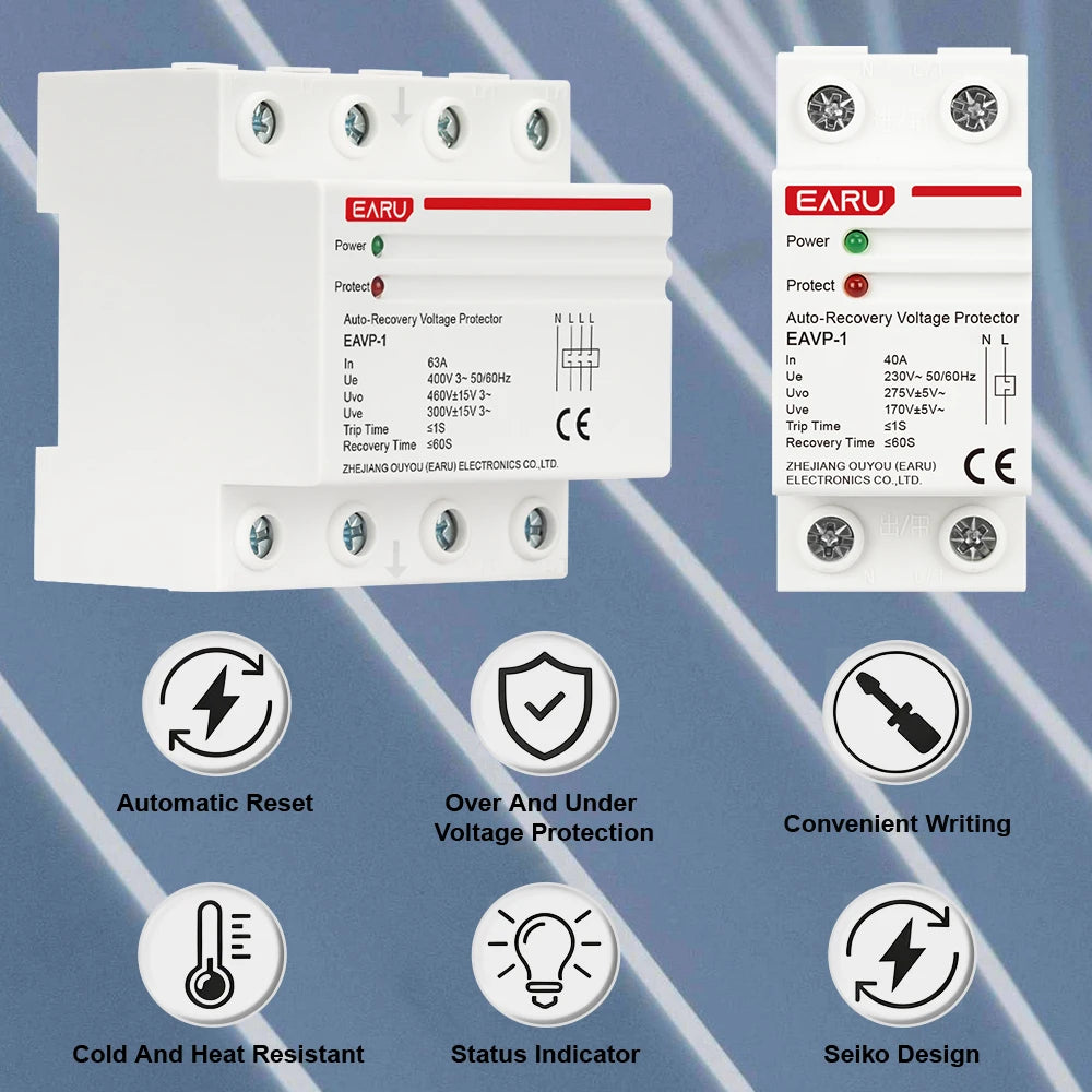 EARU 40A 63A AC 230V 400V Din Rail Automatic Recovery Reconnect Over Voltage Under Voltage Protective Device Protection Relay