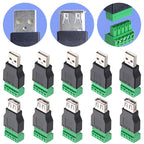 USB 2.0 Type Connector with 5 Pin Screw Terminal, Solderless Male Female USB Plug Socket for Computer TV Phone Keyboard Mouse
