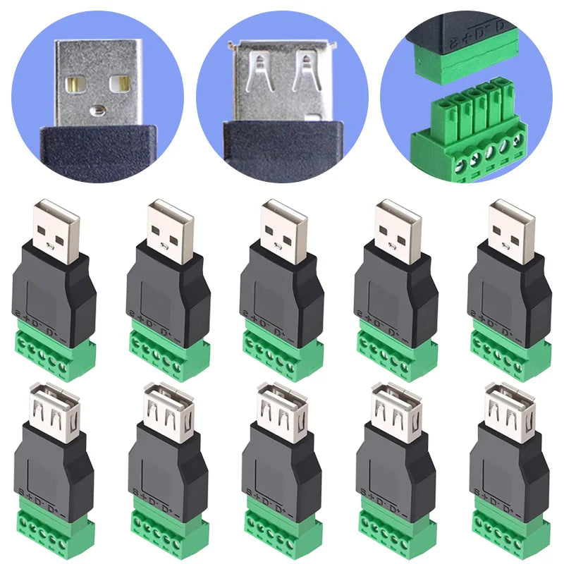 USB 2.0 Type Connector with 5 Pin Screw Terminal, Solderless Male Female USB Plug Socket for Computer TV Phone Keyboard Mouse