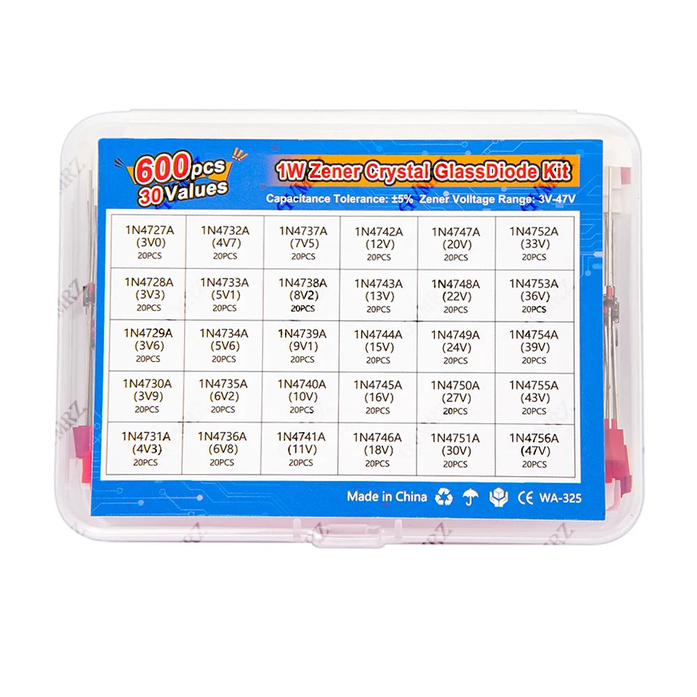 600PCS 30Values 1W Zener Diode Kit 3V-47V Box for Electronics Voltage Regulation Projects 7V5 10V 16V 18V 22V 27V 43V 36V 33V