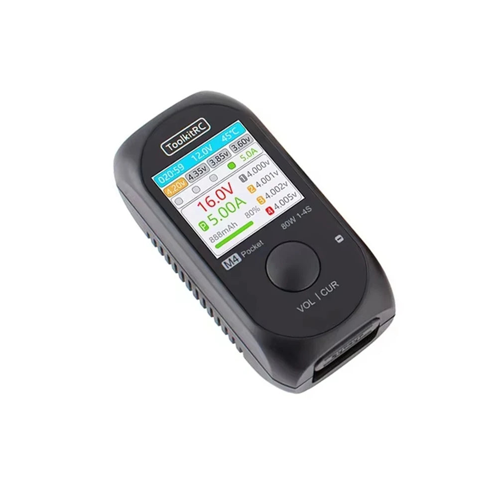 ToolkitRC M4 Pocket DC 80W 5A XT30 XT60 Input USB-C Input/Output Charger for 1-4S LiPo Battery Quick Charger Function