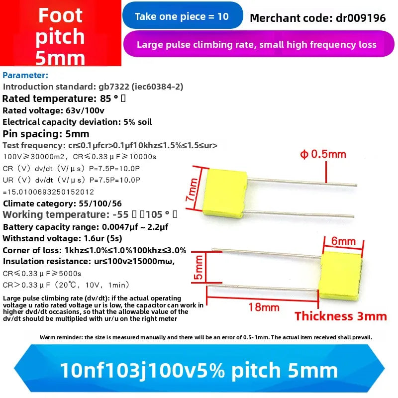 10PCS 100V Correction Capacitor Polypropylene Safety Plastic Film 100V 1nF ~ 470nF 100nf 220nf 10nf 47nf 22nf 1nf 0.47uf 0.1uf