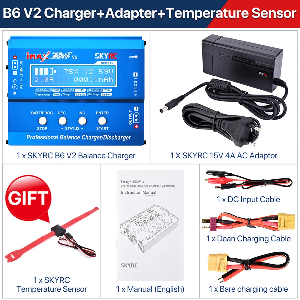 SKYRC Lipo Charger IMAX B6 EVO B6 V2 B6 Mini B6AC V2 Balance Battery Charger Discharger with Adapter Temperature Sensor 6A 1-6S