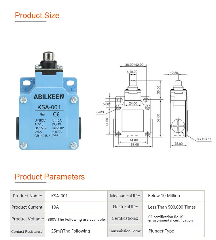 ABILKEEN Stainless Steel IP66 Waterproof KSA Series Industrial Machine Limit Switch Multiple Styles Limit Switch Available