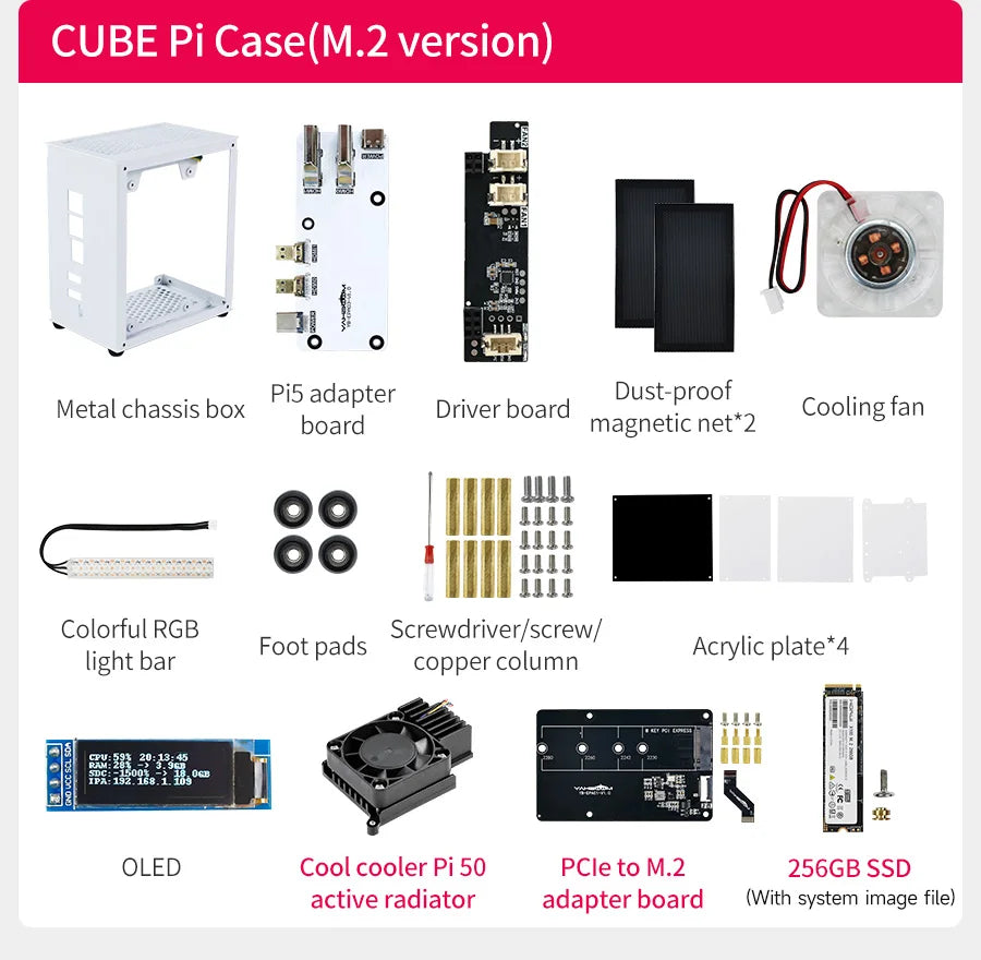 Raspberry Pi 5 Case Protective Kit with Cooling Fan RGB Color Light and 0.96 Screen Display DIY Electronic Shell Support M.2 SSD