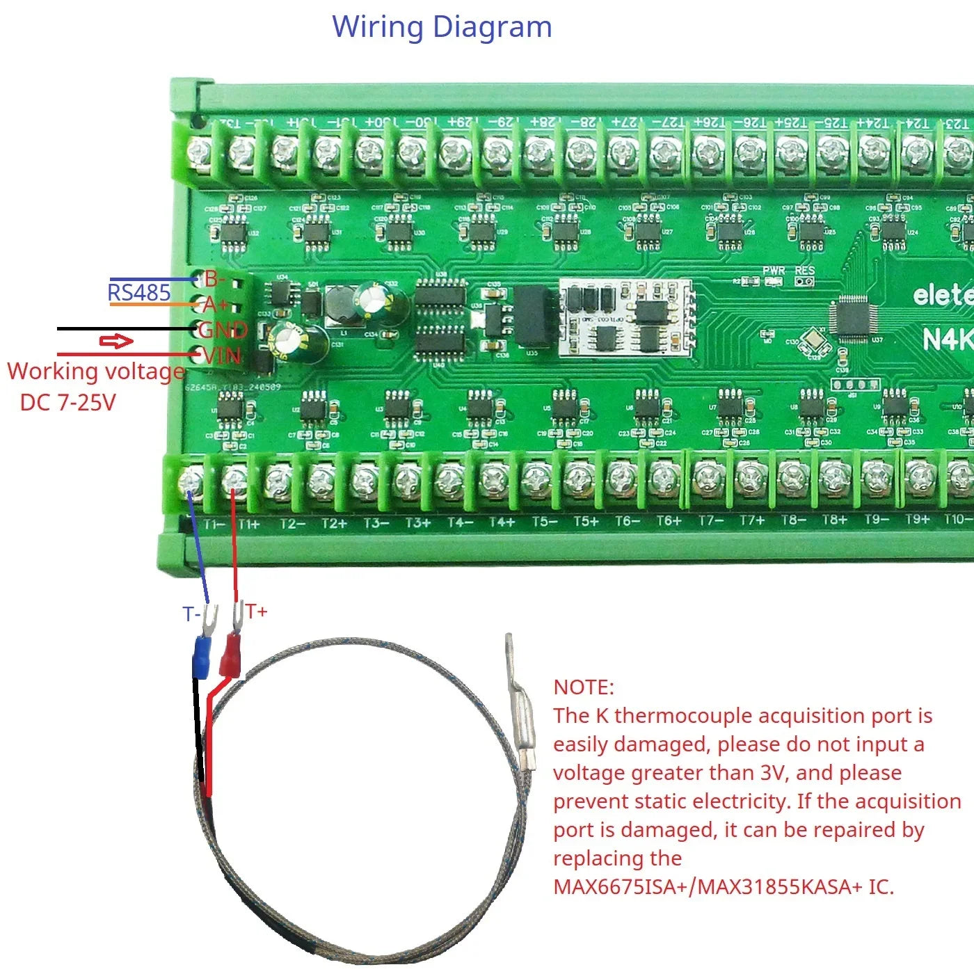 32 Channel K-type Thermocouple Module Modbus RTU RS485 MAX6675 MAX31855 DC7-25V DIN Rail Temp Acquisition Industrial Monitor