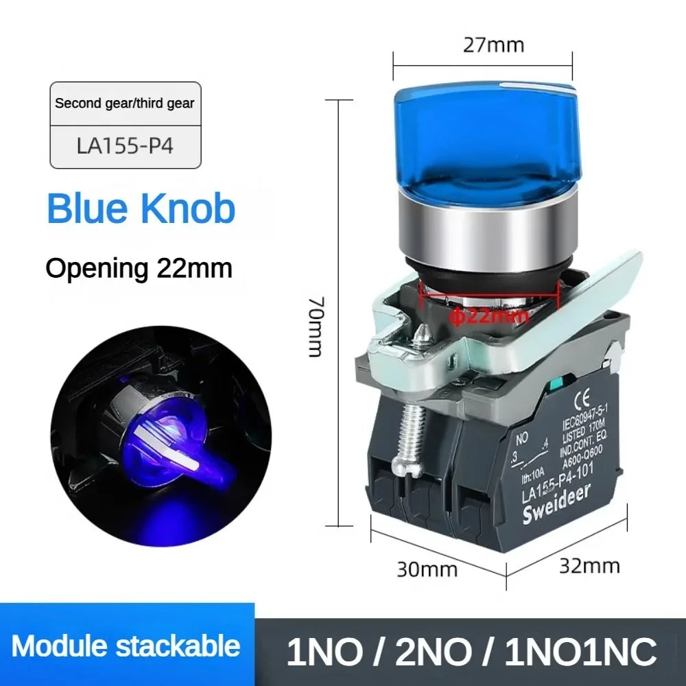 XB4 Knob Switch with Light 22mm 2/3Position Self Locking 1NO/2NO/1NO1NC Select Rotary Switch with LED 12V 24V 220V 10A Red Green