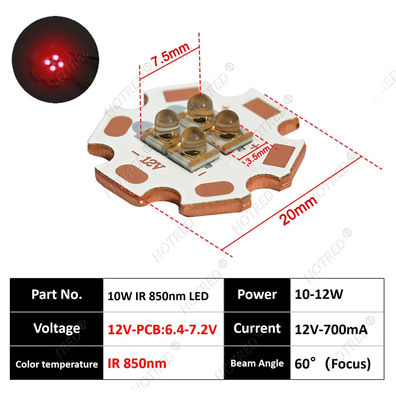 DC3V/6V/12V IR LED 60 Degree 850nm 940nm Chip 10W High Power Light3535 4Chips Infrared Lamp Ceramic Beads With 20mm Copper Board
