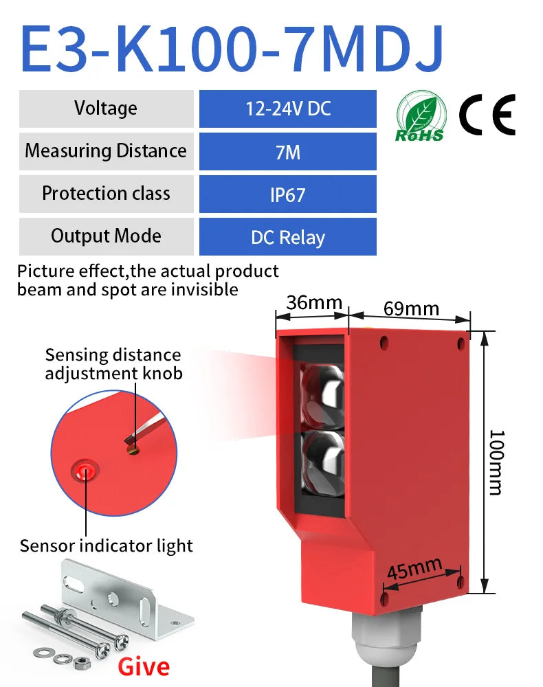 GTRIC Square Photoelectric Sensor Optic Infrared Switch Diffuse Reflection IP67 Waterproof 24-220V AC DC Universal 7m Distance
