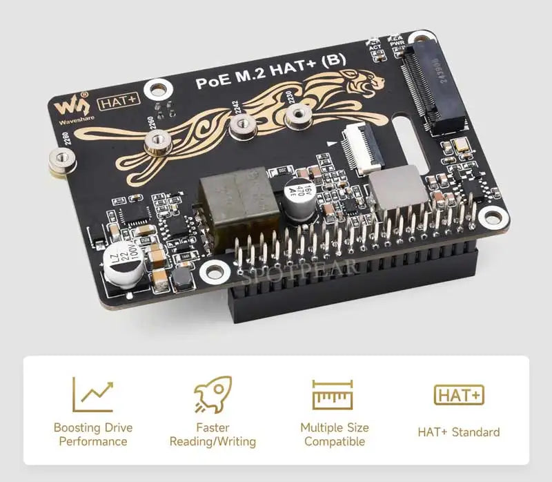 Raspberry Pi 5 PoE Power And PCIe M.2 NVMe SSD HAT PLUS (B) 2230/2242/2260/2280 For PI5