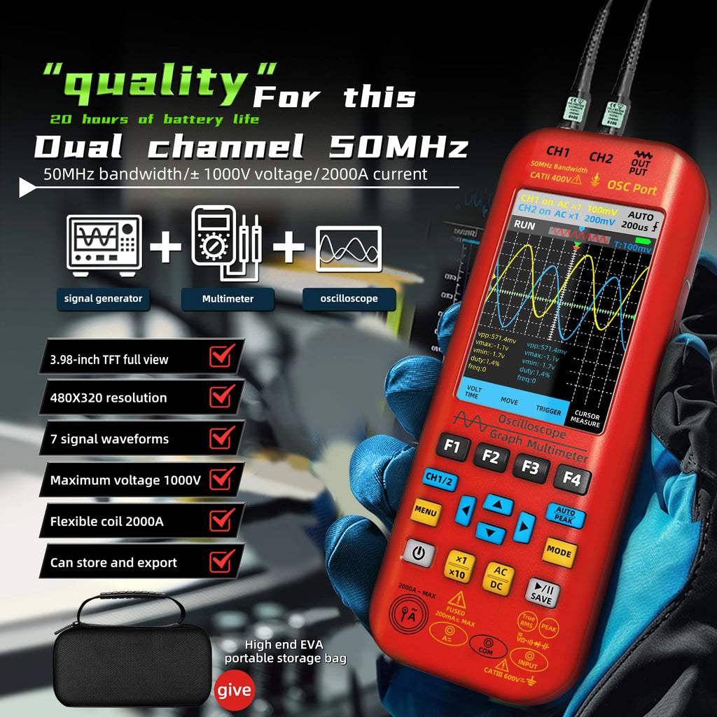 BSIDE 4-IN-1 Handheld Oscilloscope Digital Multimeter+Function Signal Generator Dual Channel O7:25MHz/O9:50MHz Current Tester