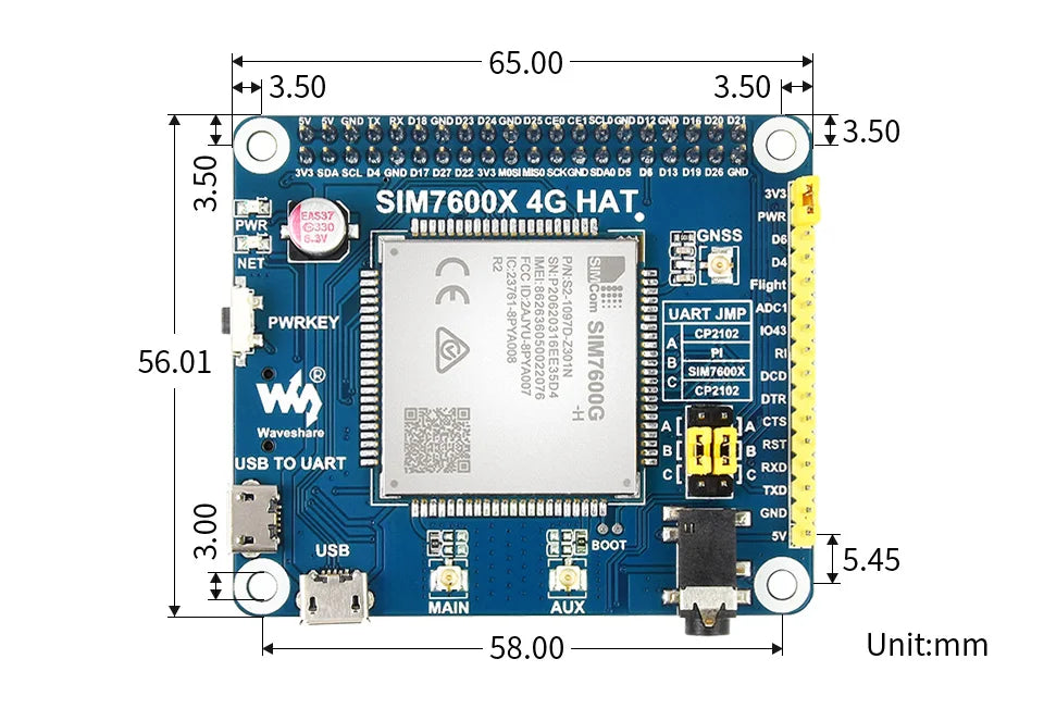 SIM7600G-H 4G HAT For Raspberry Pi, LTE Cat-4 4G / 3G / 2G Support, GNSS Positioning, Global Band SIM7600