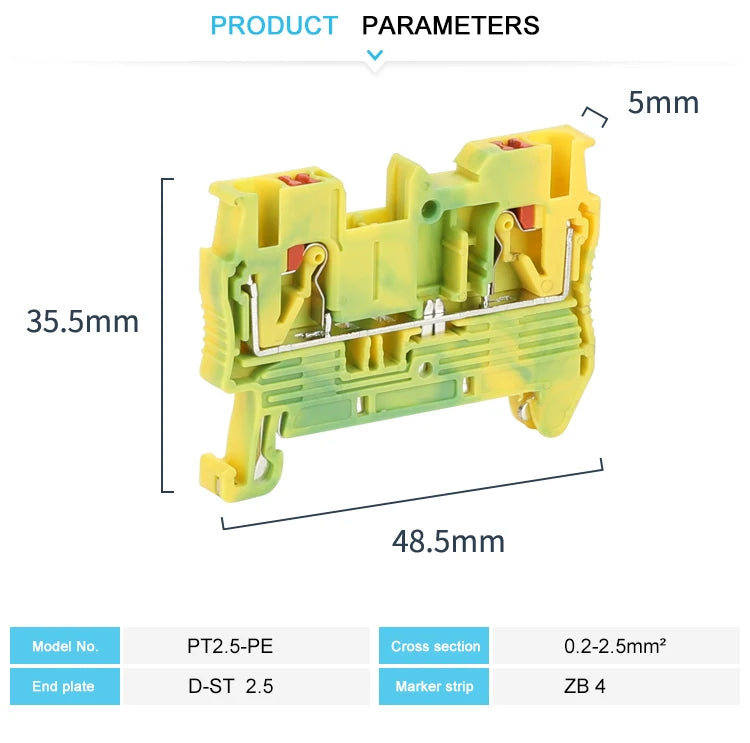 PT2.5-PE Push-in Ground Feed Through Protective Earth 2.5 Wire Electrical Connector Din Rail Terminal Block PT 2.5-PE
