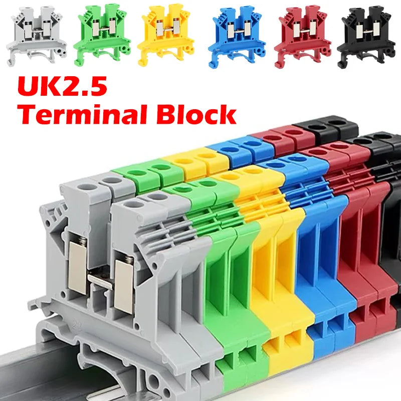 10PCS UK2.5B 2.5mm² DIN Rail Terminal Blocks Screw Connection Feed Through Wire Connector Gray Red Blue Green Black Yellow Set
