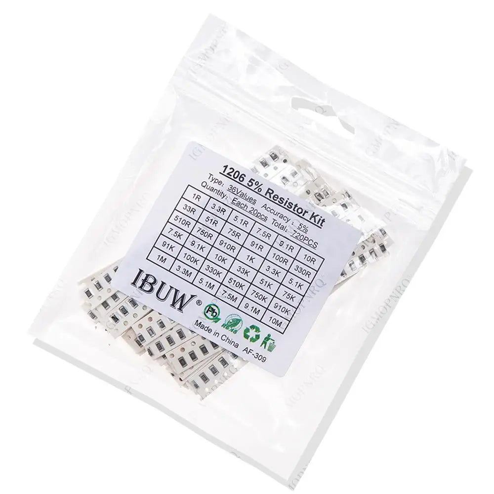 36Value each 20pcs =720pcs 1206 SMD Resistor Kit 1/4W 0.25W 5% 1 ohm~10 Mohm  component diy  kit 1R 3.3R 5.1R 1K 10K 100K 1M 10M