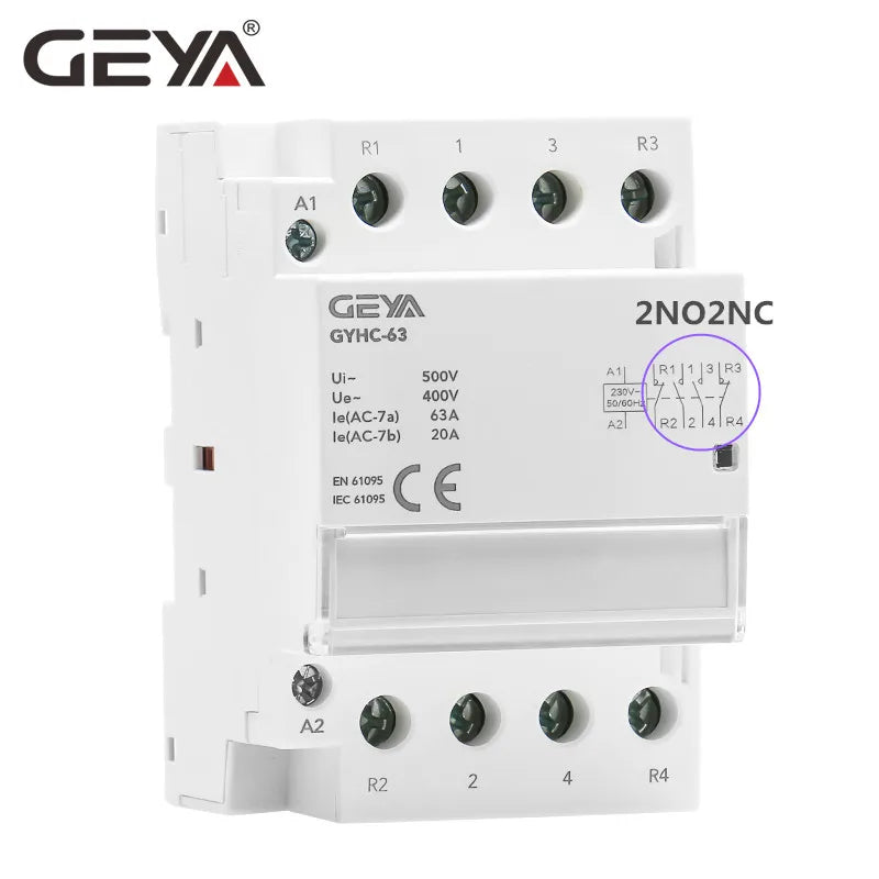 GEYA Modular AC Contactor 2P 4P 25A 63A 2NO or 4NO or 2NC2NO 220V/230V 50/60HZ Din Rail Household Contactor Auto Type