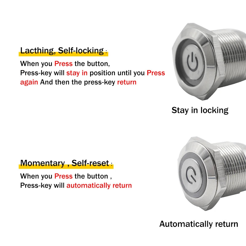 22mm Waterproof Metal Push Button Switch LED Light Black Momentary Latching Car Engine PC Power Switch 3V 5V 12V 24V 110V 220V