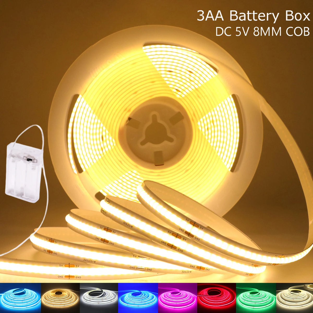 3AA Battery Box 5V COB Led Strip 320LEDs/M 8MM PCB For Room TV Backlight Flexible Tape Light Ice Blue/Red/Green/Pink/White/Warm
