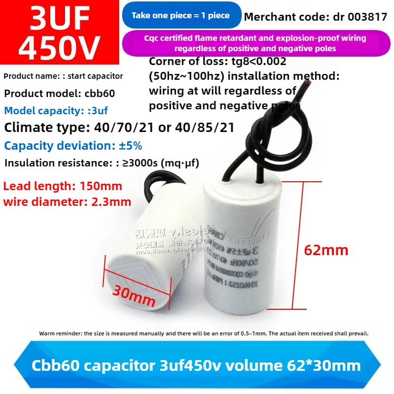 CBB60 Capacitor 450V AC Motor Run Capacitors 3/4/5/6/8/10/12/14/15/16/18/20/30/35/40/50/60/70UF for Washing Machine, Water Pump