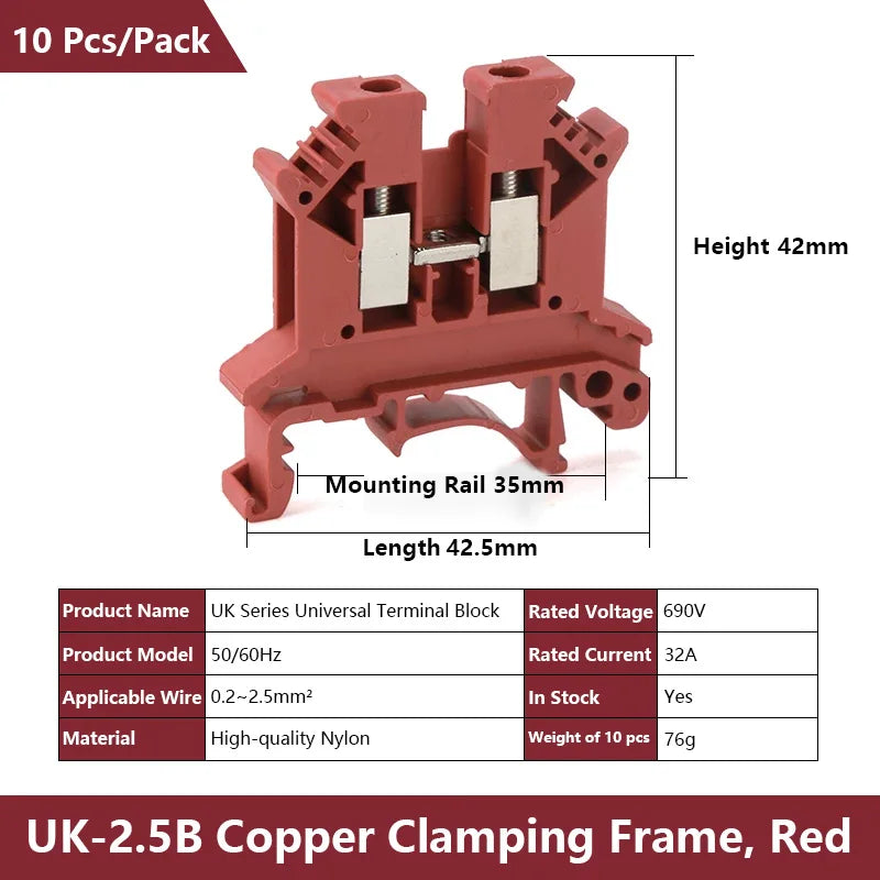 UK 2.5 Terminal Block UK2.5B Screw Connection Connect Strip 2.5B/3N/5N/6N/10N  2.5mm² Cable Electrical Din Rail Wire Connector