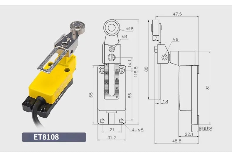 IP67 Waterproof Travel Limit Switch Limit Switch Micro Movement Roller 8108 Sealed Three Core Wire Swing Switch