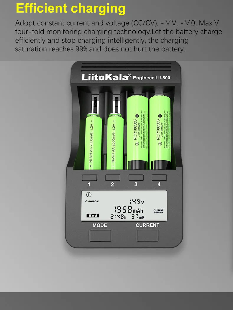 LiitoKala Lii-500 Battery Charger 4 Slot LCD Tester for 18650 26650 AA AAA Flashlight Vape Li-ion NiMH Rechargeable Cells