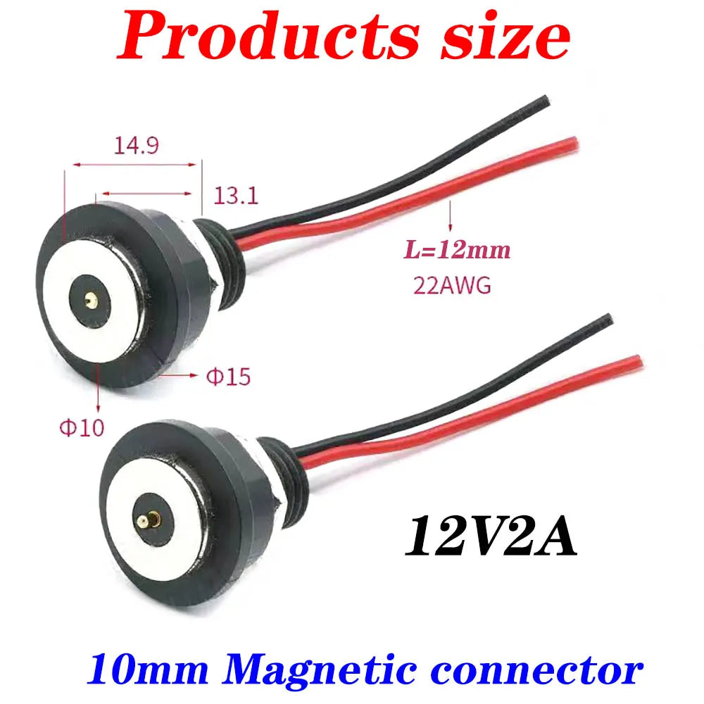10mm 2A Magnetic Circular PogoPin Connector  Male Female Metal Spring Loaded 1 Pin DC Power Charger 22AWG Wire M12 Threaded