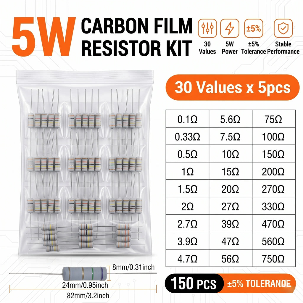 Carbon Film Resistor Kit 1/8W 1/4W 1/2W 1W 2W 3W 5W 5% 4 Band Through Hole Axial Lead Resistor DIY Electronic Components