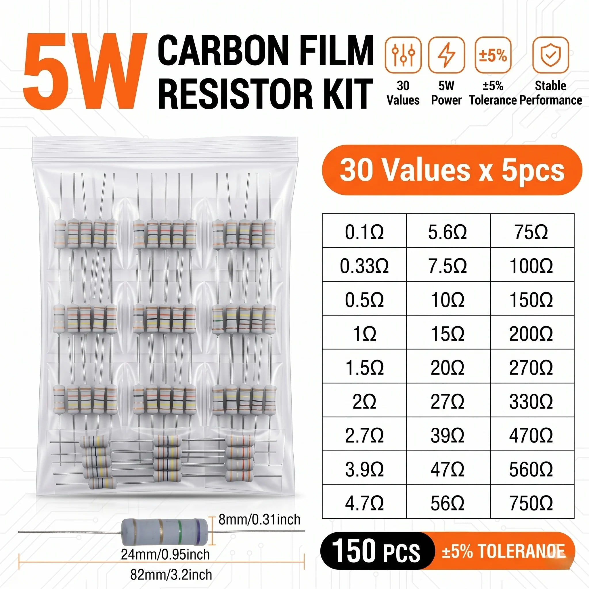 Carbon Film Resistor Kit 1/8W 1/4W 1/2W 1W 2W 3W 5W 5% 4 Band Through Hole Axial Lead Resistor DIY Electronic Components