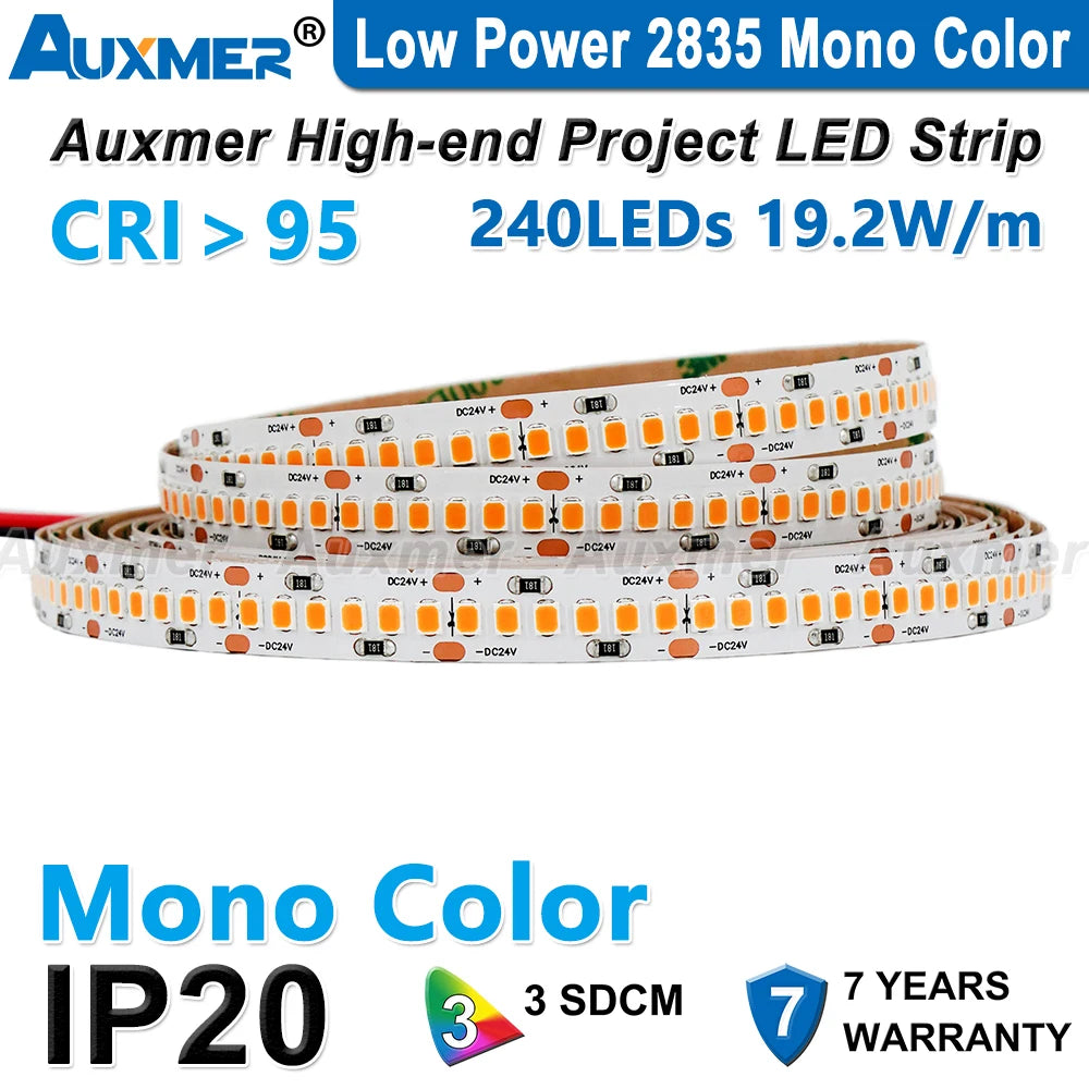 Auxmer Low Power 2835 LED Strip,Mono Color,120LEDs/m 240LEDs/m,CRI＞95/90,3SDCM,Super Bright Flex LED DC12/24V,5m/reel,IP20
