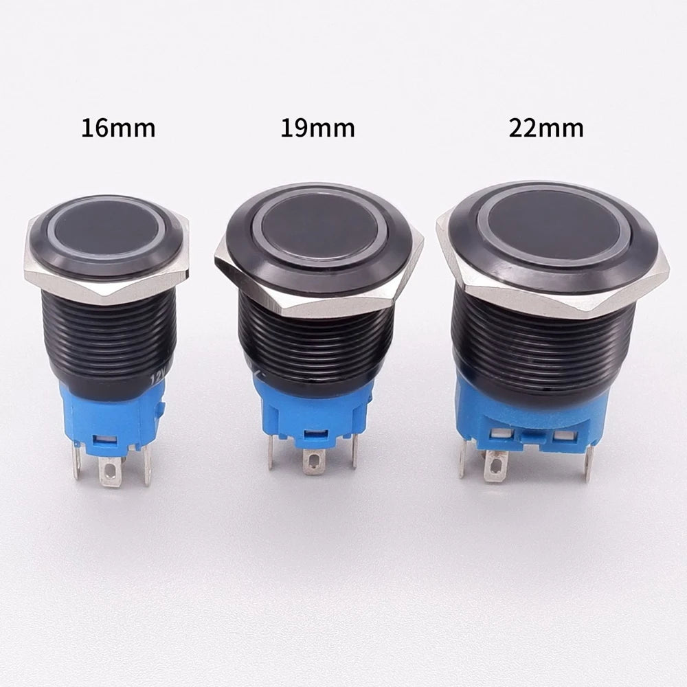 16/19/22mm Black Push Button Switch Waterproof Illuminated Metal Momentary Latching Fixed On Off Power Switch Backlit LED 3V 12V