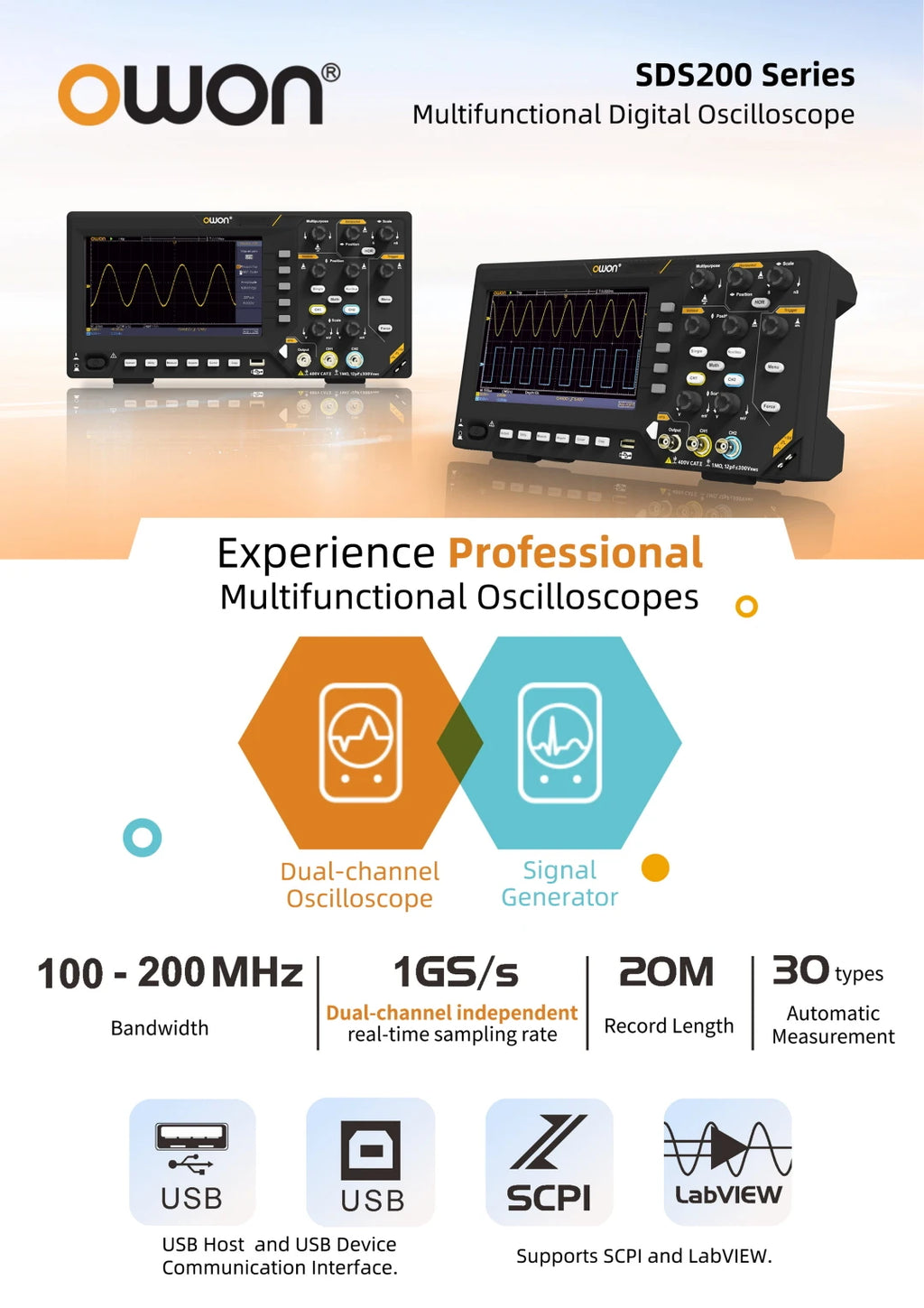 Owon SDS210S 2CH 100-200MHz 1GS/s 14Bit 25MHz FFT Scope Digital Oscilloscope  with Signal Generator Function