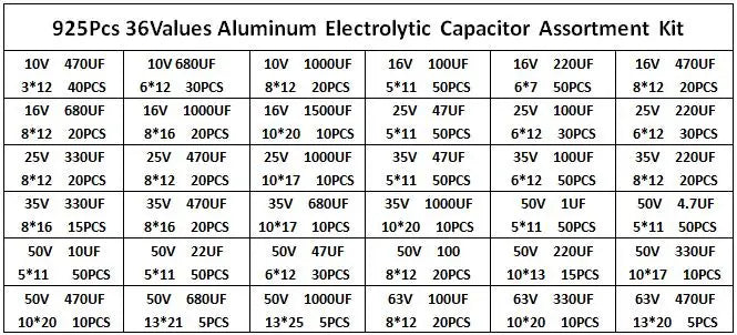 925Pcs 36Values Aluminum Electrolytic Capacitor Assortment Kit Low ESR 1uF 4.7uF 10uF 22uF 47uF 100uF 220uF 330uF 470uF