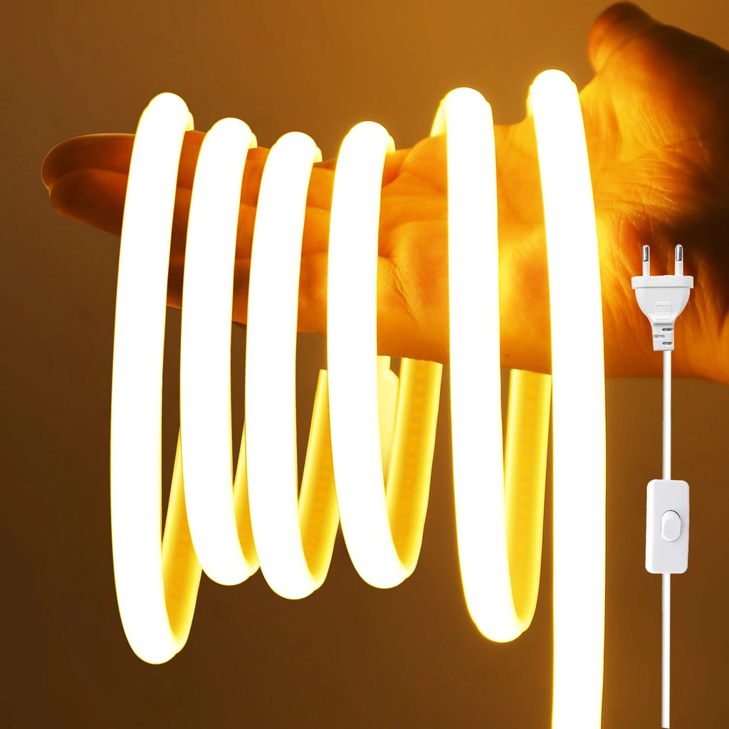 AC 220V COB Strip With ON/OFF Switch White 3000K 4000K 6000K IP65 Waterproof Home Decor Flexible Ribbon LED Neon Light 1M-35M