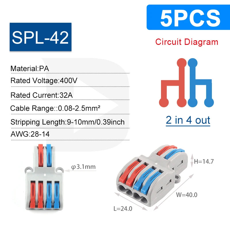 Quick Electrical Connectors Universal Compact Push-in Conductor SPL Splitter Wiring Cable Connector Butt Terminal Block AWG28-12
