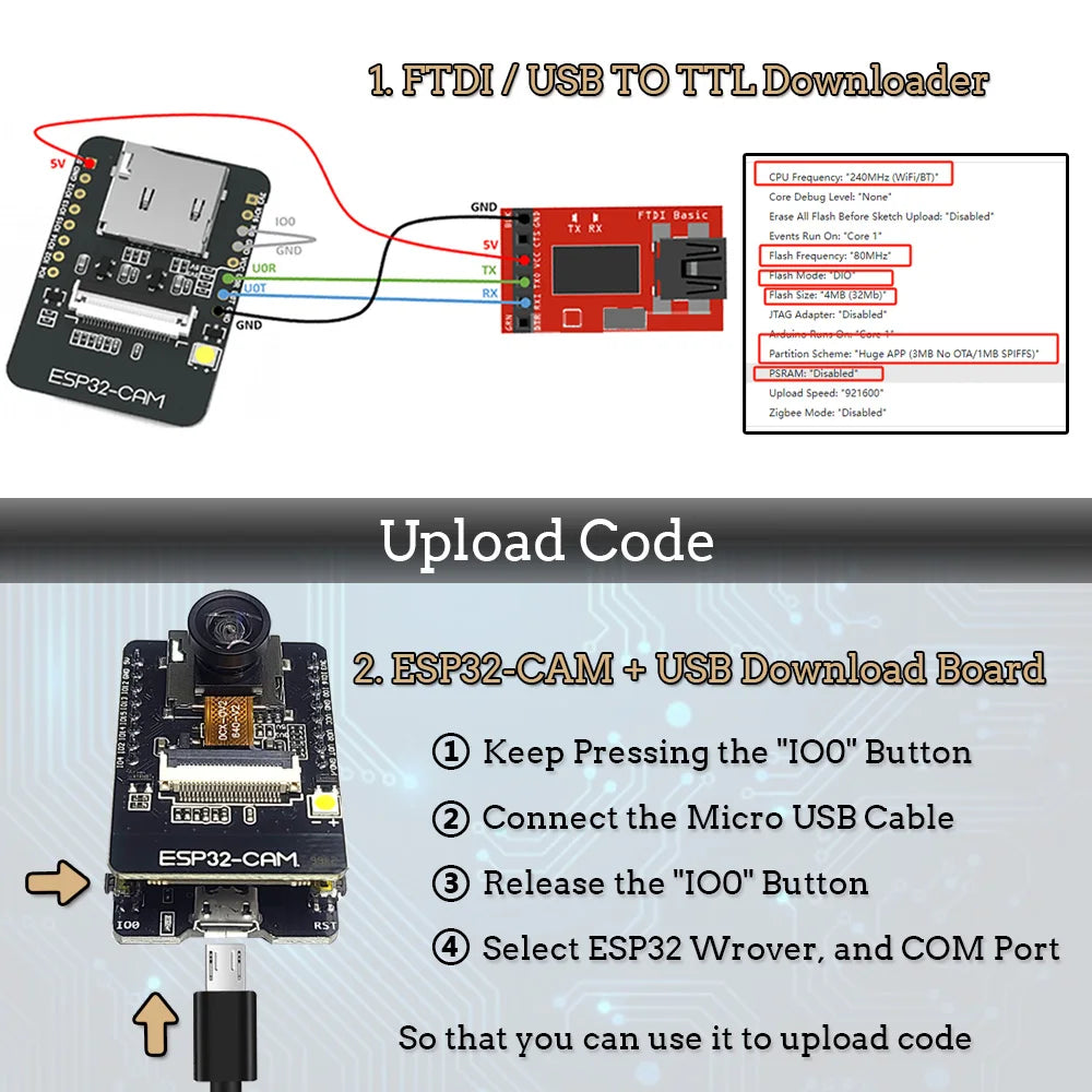 OV2640 ESP32-Cam Set with DVP 24pin Camera 66 120 160 Degree 850nm Night Vision 2MP 2.4 GHz 8MB PSRAM Wireless Bluetooth Module