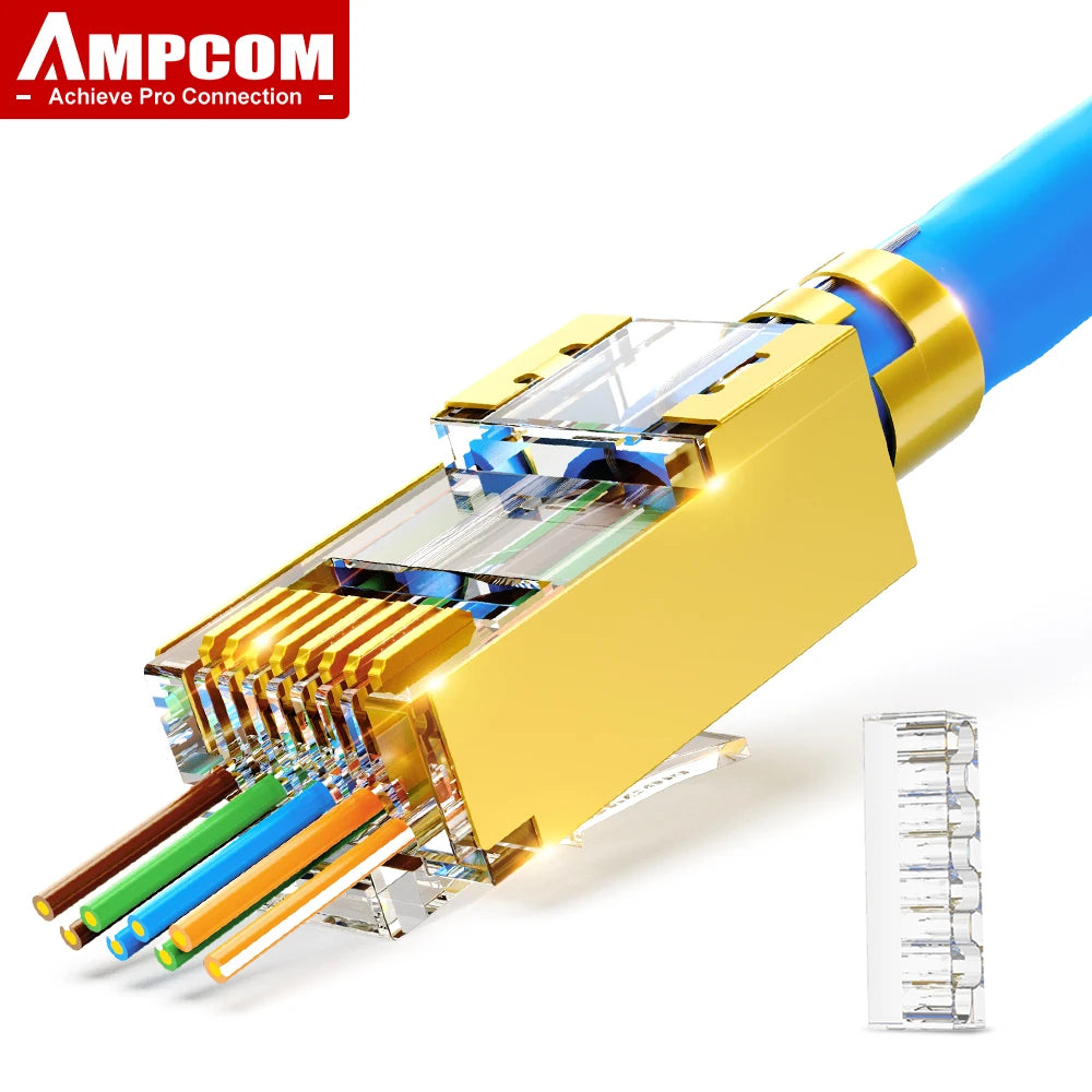 AMPCOM CAT7 RJ45 Connector, Pass Through CAT6A RJ45 Ethernet Plug for CAT 7 Solid or Stranded Network Cable with 1.5mm Load Bar