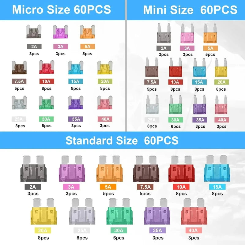 50/180Pcs Standard Car Fuses Assorted Kit, 60 Mini Blade Car Fuse +60 Standard Fuse Automotive +60 Micro Fuses Car Accessories