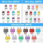 50/180Pcs Standard Car Fuses Assorted Kit, 60 Mini Blade Car Fuse +60 Standard Fuse Automotive +60 Micro Fuses Car Accessories
