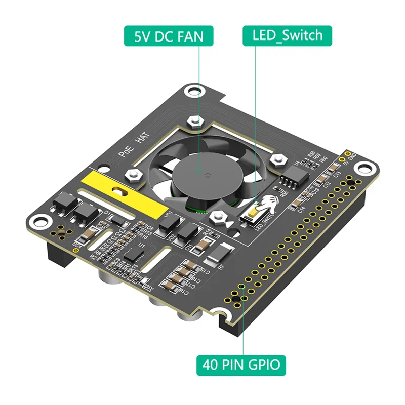 Poe HAT For Raspberry Pi 5 With Cooling Fan/Computer Module 5, With Automatic Discoloration LED Light