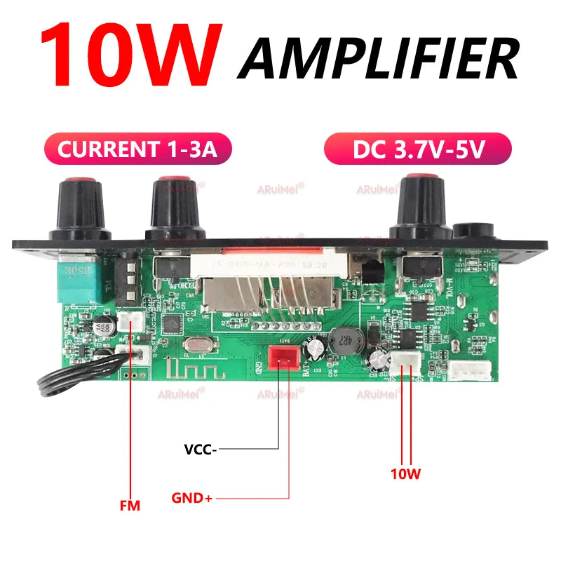 10W Bluetooth 5.0 Amplifier Board, MP3 Decoder Module with USB/AUX/FM Radio/Recording for DIY Speaker