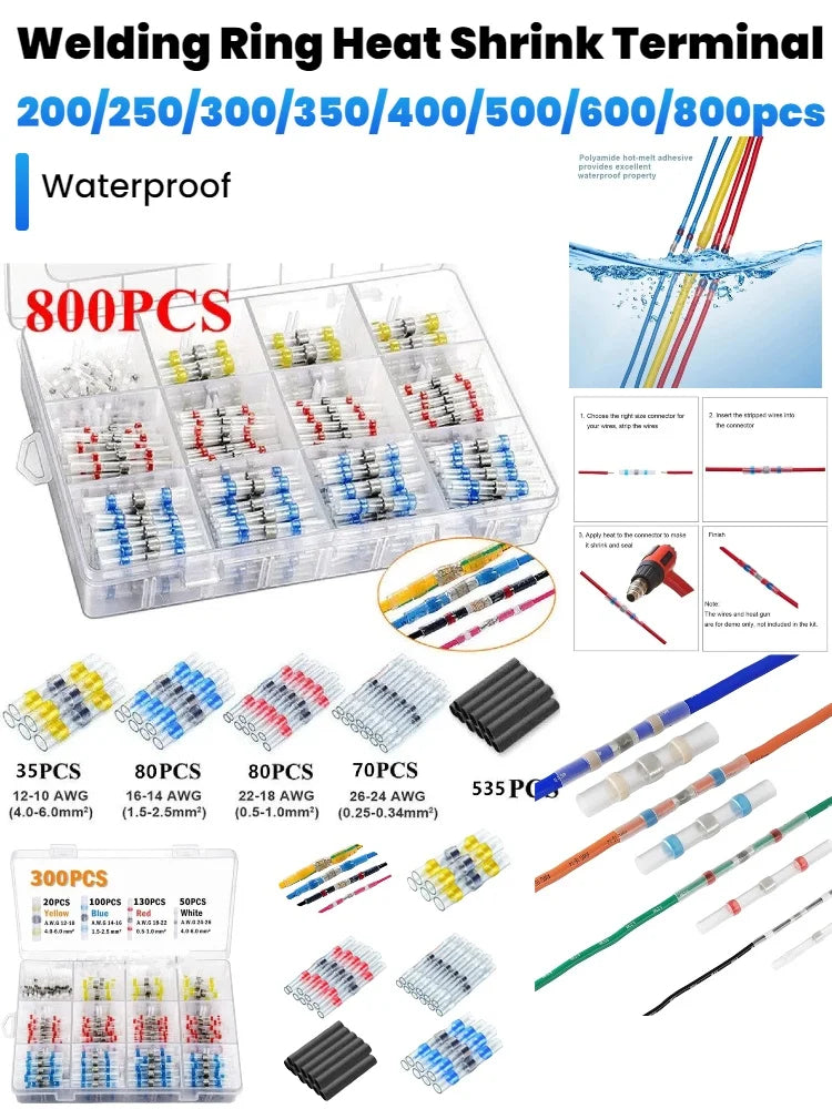 300pcs-800pcs Solder Sealed Wire Connectors Heat Shrink Solder Butt Connectors Solder Connector Kit Automotive Marine Insulation