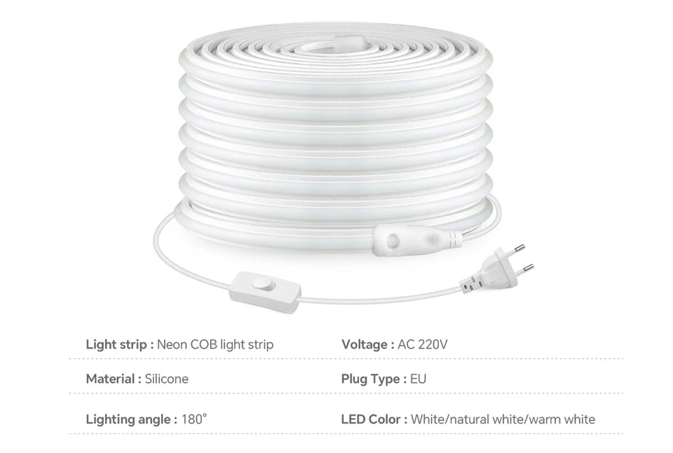 Super Bright 220V COB LED Strip Neon Lights 280LEDs/m Flexible Kitchen Lamp RA90 Waterproof LED Tape With EU Power Plug 1M-30M