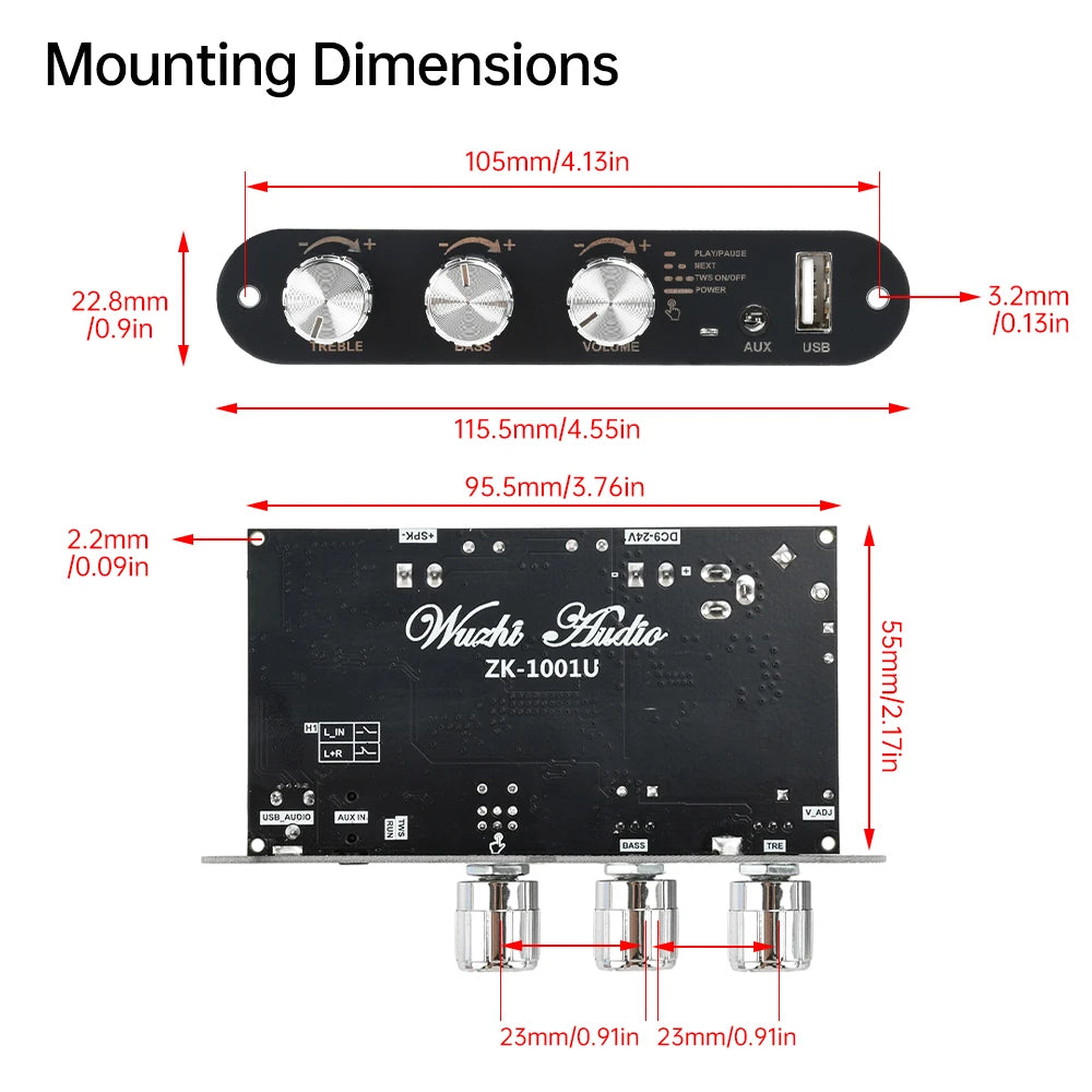 ZK‑1001U Mono 100W Bluetooth Amplifier Board TPA3116D2 DC9‑24V TWS Stereo Pairing Support Wuzhi Audio APP AUX U Disk USB Sound Card Amp Module