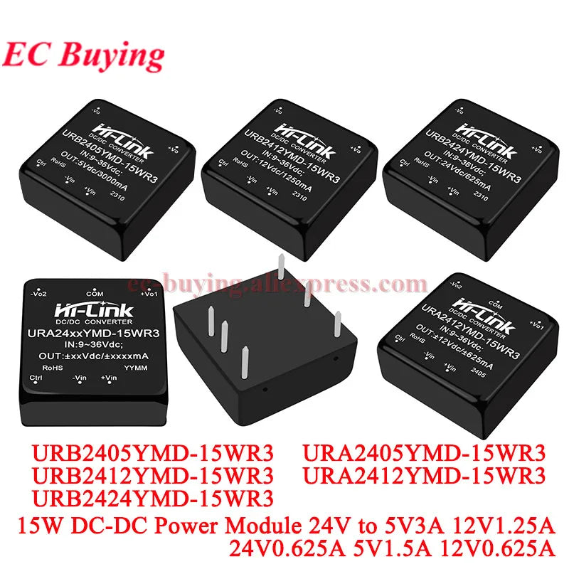 Hi-Link 15W 9-36V URB2405YMD URB2412YMD-15WR3 DC-DC 24V to 5V/12V/24V 3A 1.5A 1.2A Isolated Output Power Converter Supply Module