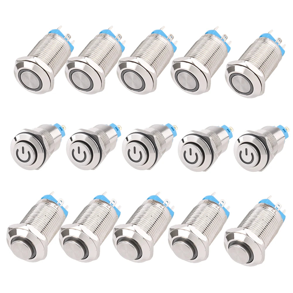 Sliver Push Button Switch 4 Pin 12mm Waterproof Led Light Metal Flat Momentary/Latching Switches with power mark/Ring LED
