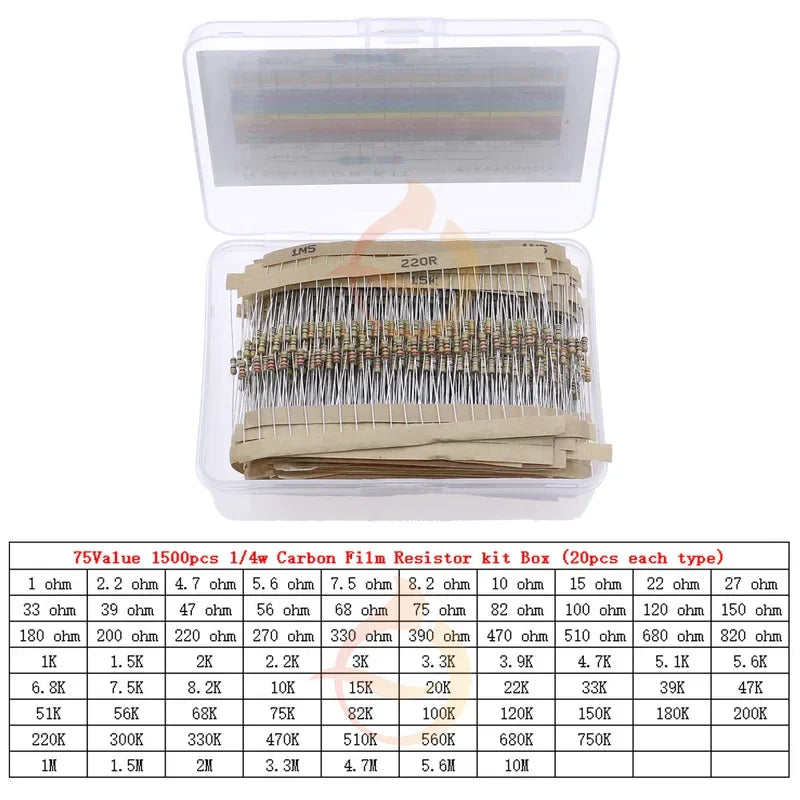 1/6W 1/4W 1/2W 1W 2W 3W 5W 5% 0 ohm-10M Carbon Film Resistance Four Color Ring Resistor Assorted Kit with Box