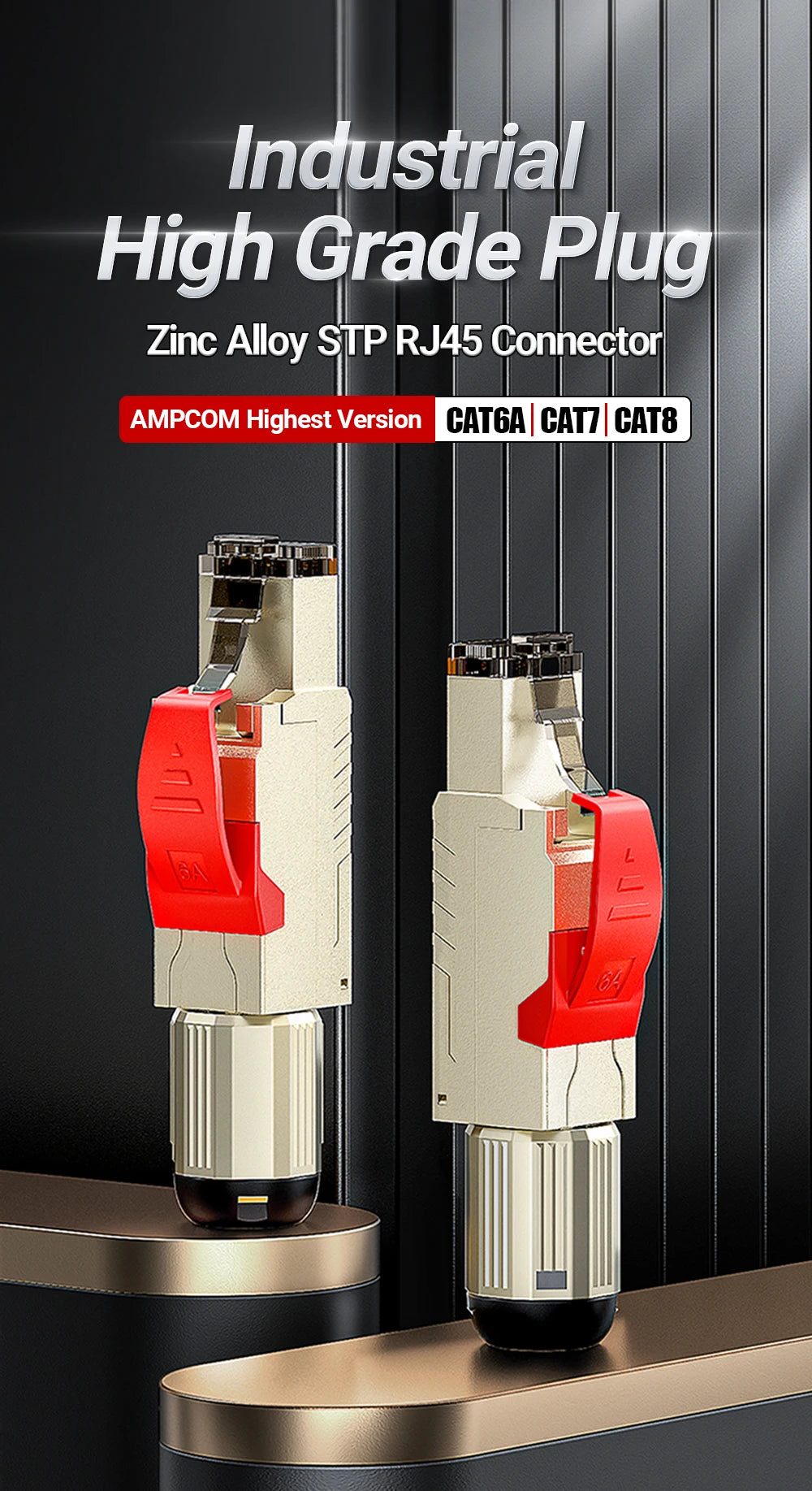 AMPCOM RJ45 Connector, CAT8 STP Tool Free Shielded Modular Plugs CAT7 CAT6A Zinc Alloy Field Termination Plug 40Gbps 2000Mhz